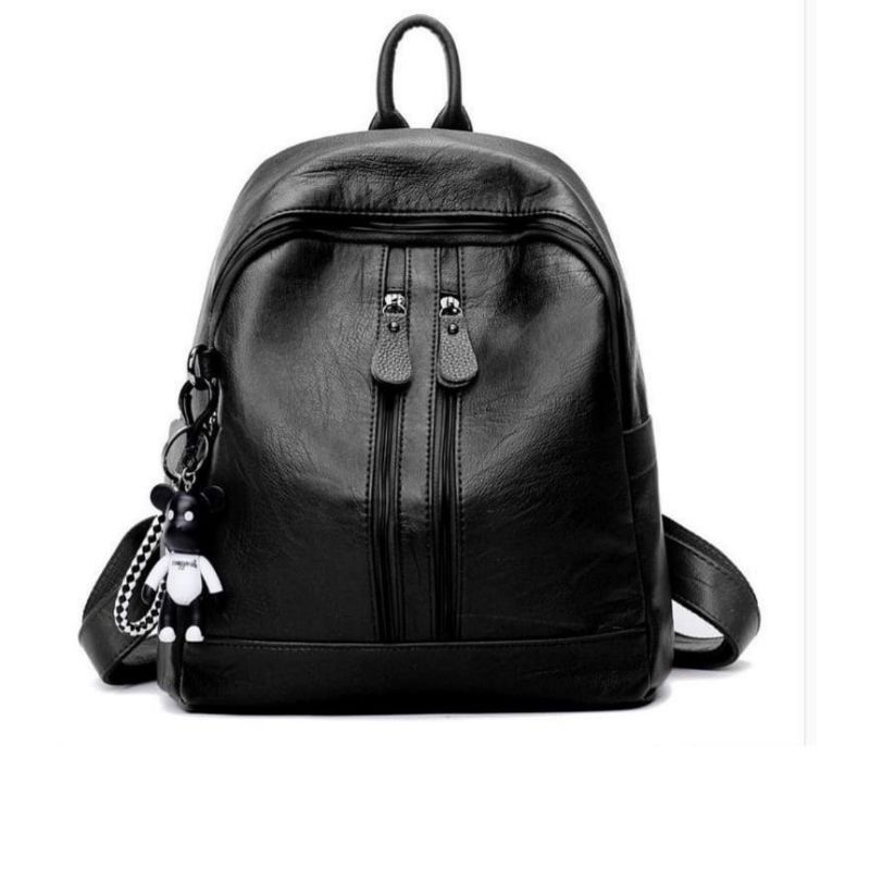 Medan Termurah KD050 Tas wanita import tas leather korean style ransel hitam free gantungan boneka