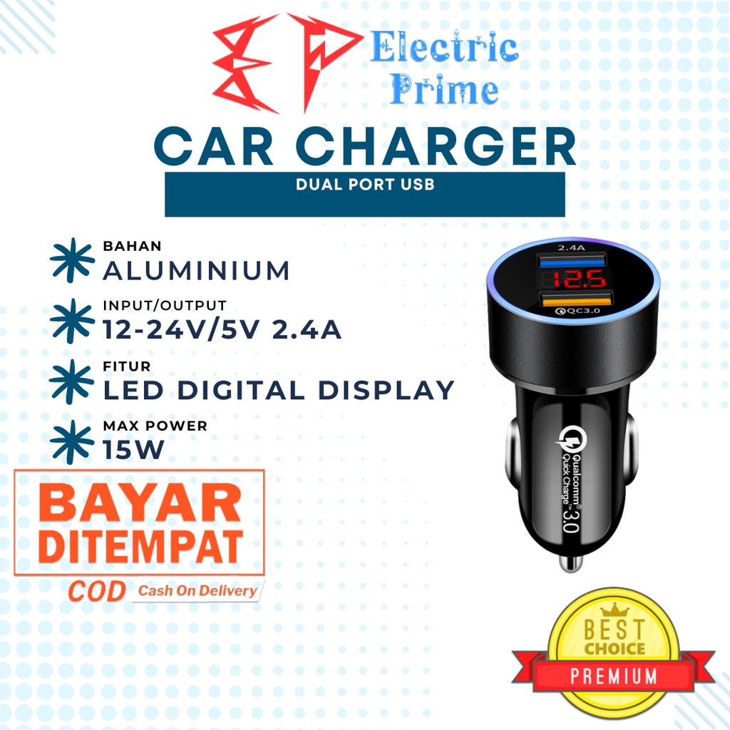 Car Charger iPhone Dual Port USB Fast Charging 15W QC 3.0 2.4A Digital Display LED Cas Mobil Tablet Samsung Portable Adapter iPad