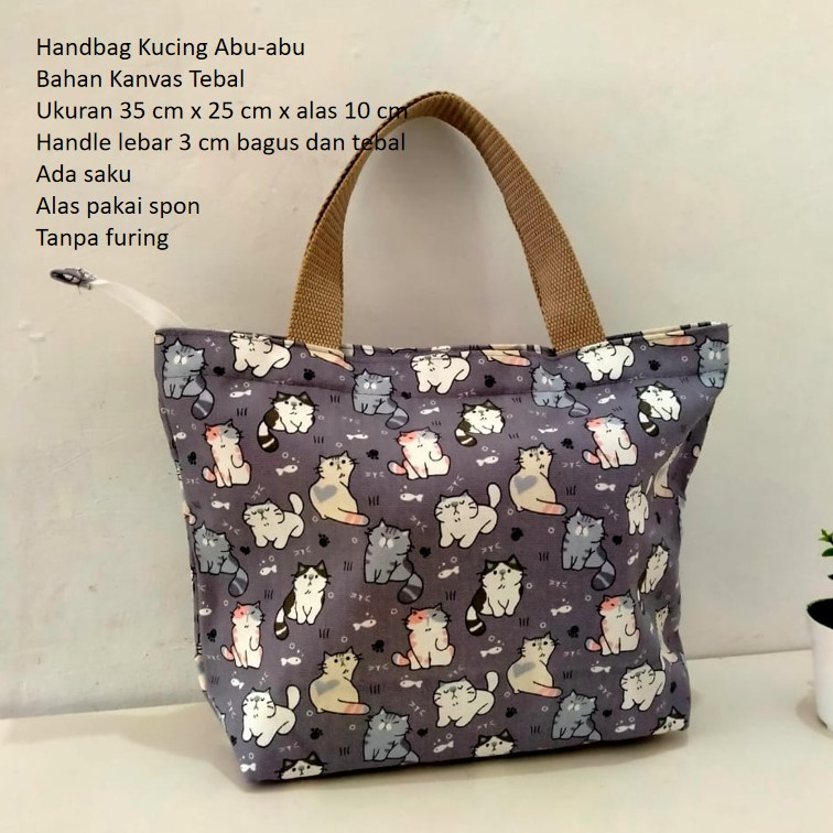 TAS KANVAS HANDBAG KANVAS BESAR MOTIF KUCING ABU-ABU. Riens Collections