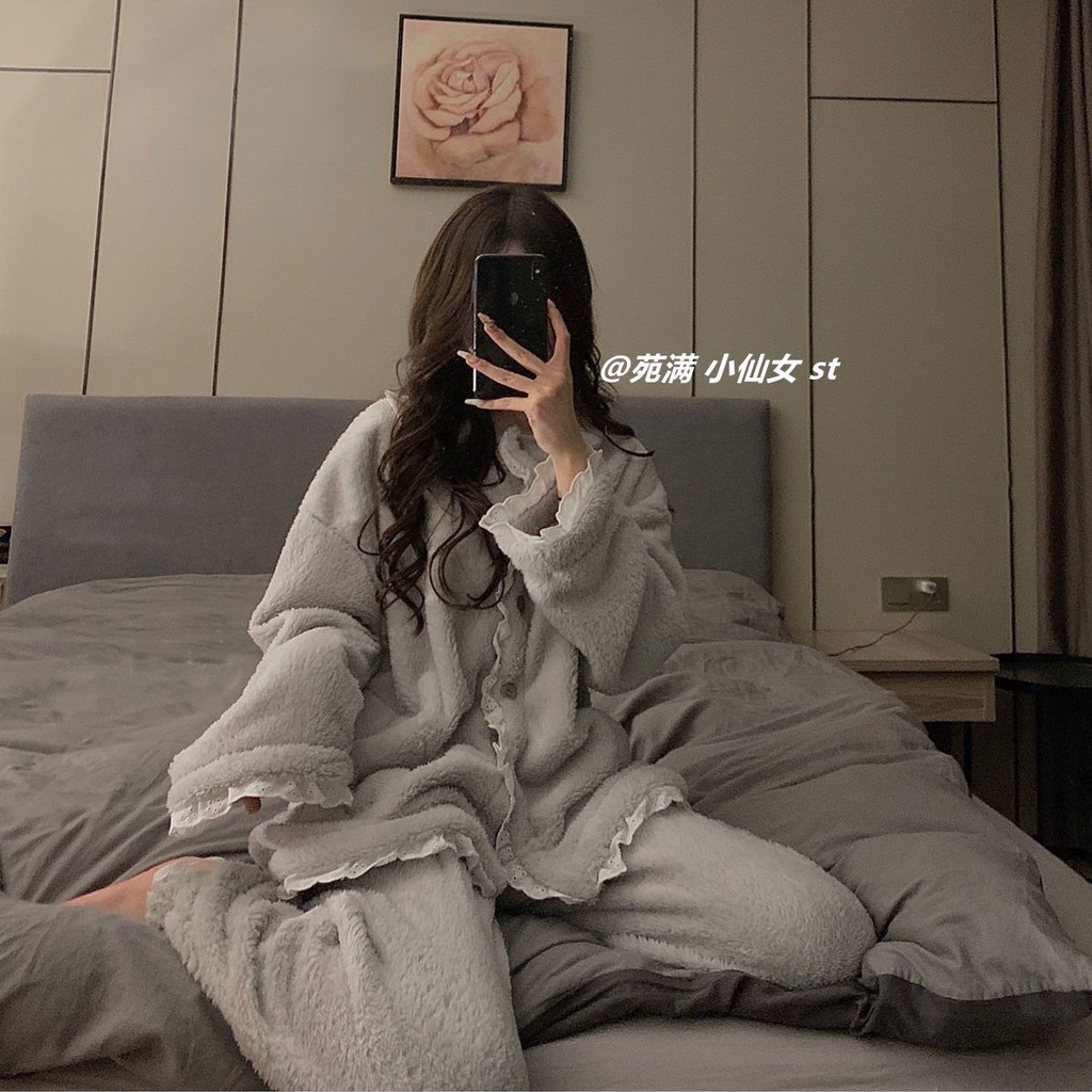 Suhao bulu karang piyama wanita musim gugur dan musim dingin hangat setelan jas versi Korea gadis in musim dingin yang manis pakaian rumah