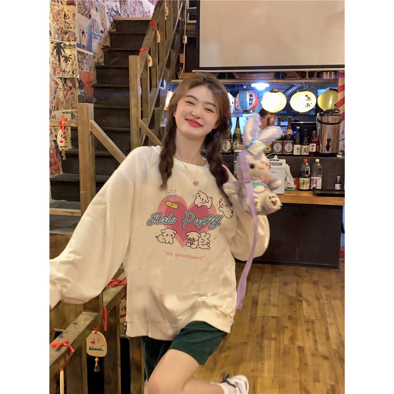 EUNII Sweater Lengan Panjang Cartoon Love Dog Korean Style/Hoodie Oversize/Baju Wanita/Switer Wanita