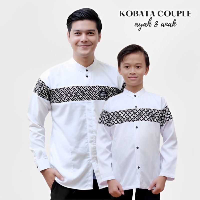 Baju Koko couple ayah dan anak lengan panjang motif batik kobata Qynang terbaru