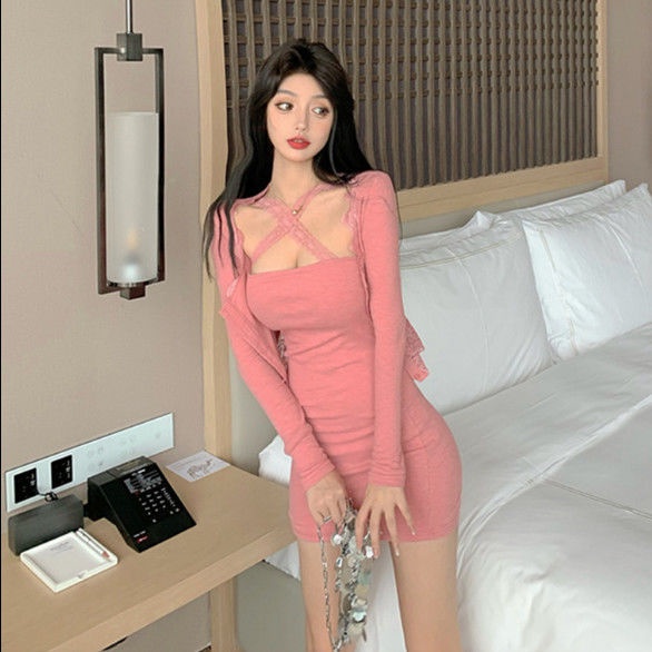 Suhao Renda Sling Pinggang Seksi Rajutan Gaun Wanita Musim Gugur All-Match Lengan Panjang Kecil Cardigan Dua Potong setelan Gaya Hong Kong