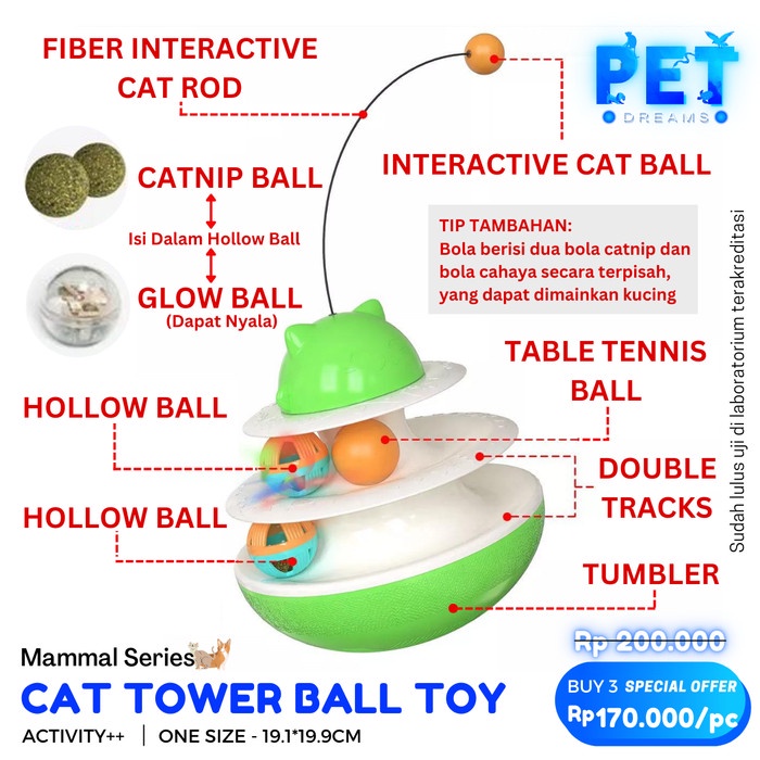 MAINAN BOLA CATNIP TOWER KUCING 2 TINGKAT GERAK KITTEN CAT TEASER TOY