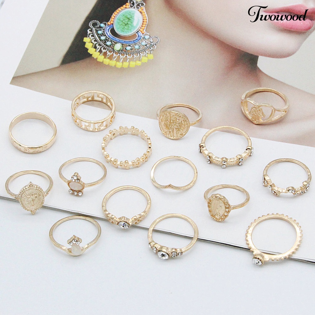 15 Pcs Cincin Knuckle Stackable Bahan Alloy Bentuk Hati Model Hollow