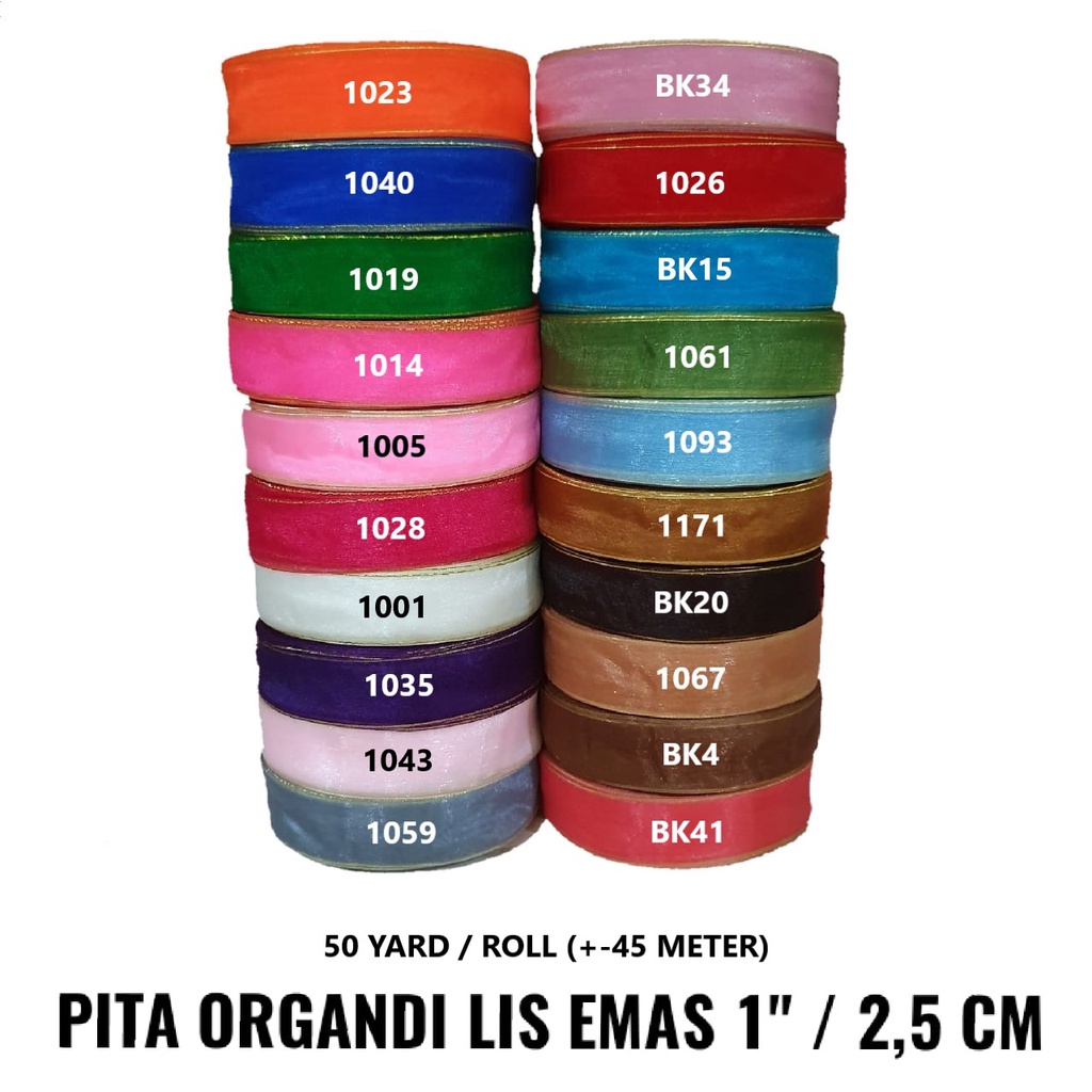 Pita Organdi List Emas/Perak 1 inch/2,5 cm (25 yard/50 yard) Grosir Obral Cuci Gudang Pita Kado 1&quot;