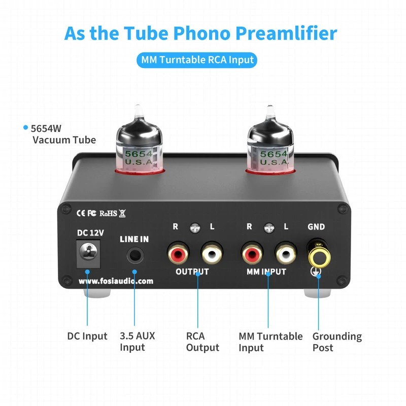 Fosi Audio Phono Preamp &amp; Headphone Amplifier with JAN 5654W Vacuum Tubes for MM Turntable Phonograph Preamplifier - Box X4 - Black