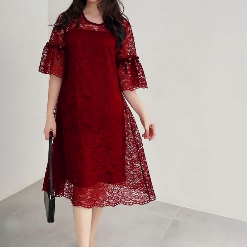 Dress Baju Pesta Natal Wanita Gaun Brukat Trend Kekinian Terbaru 2023 Dress Brokat Mewah Midi Dress 