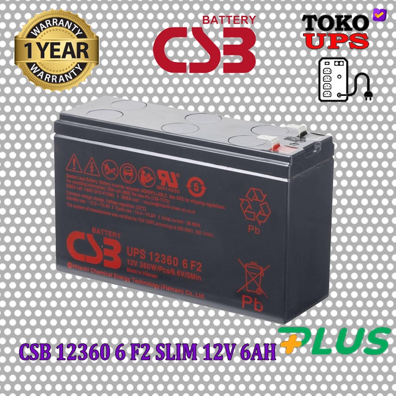 Baterai CSB 12360 6 F2 12V 6AH SLIM 12V 360W/Pcs/9.6V/5Min