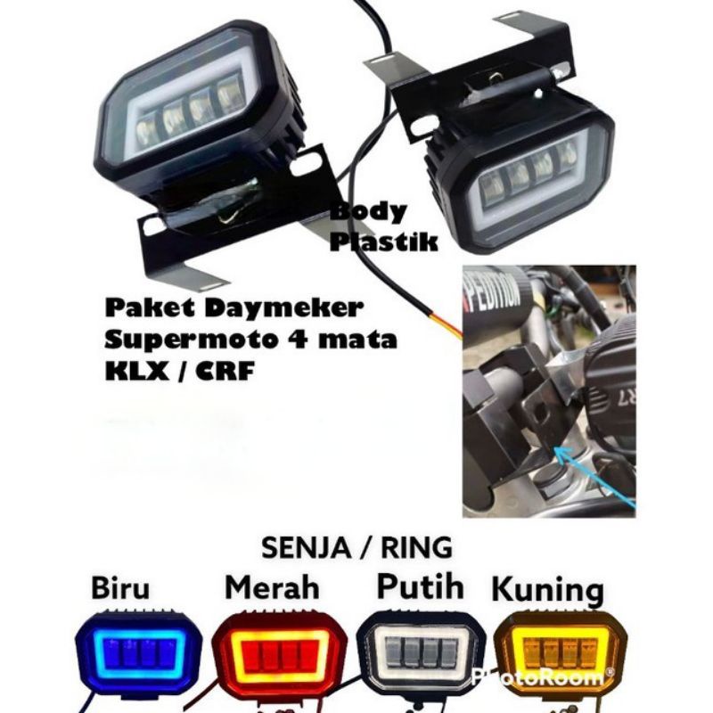 LAMPU LED SUPERMOTO+DUDUKAN  KLX CRF KTM VIAR GTX LAMPU DAYMEKET 4 MATA+BREKET HEADLAMP KLX HEADLAMP CRF LAMPU