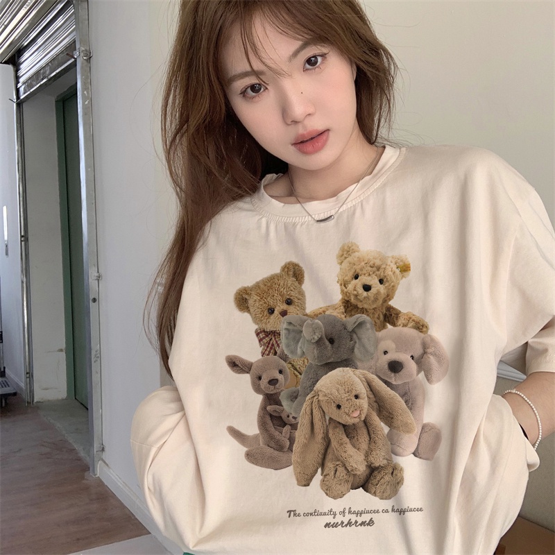 EUNII T-shirt Lengan Pendek Plush Bear Korean Style/Kaos Atasan Wanita/Baju Kaus Oversize Wanita/Kaos Wanita