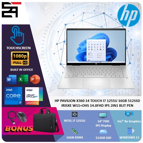 HP Pavilion X360 2IN1 14 Touch i7 1255U 16GB 512GB SSD Iris Xe  W11+OHS 14 Inchi FHD IPS  Blit PEN