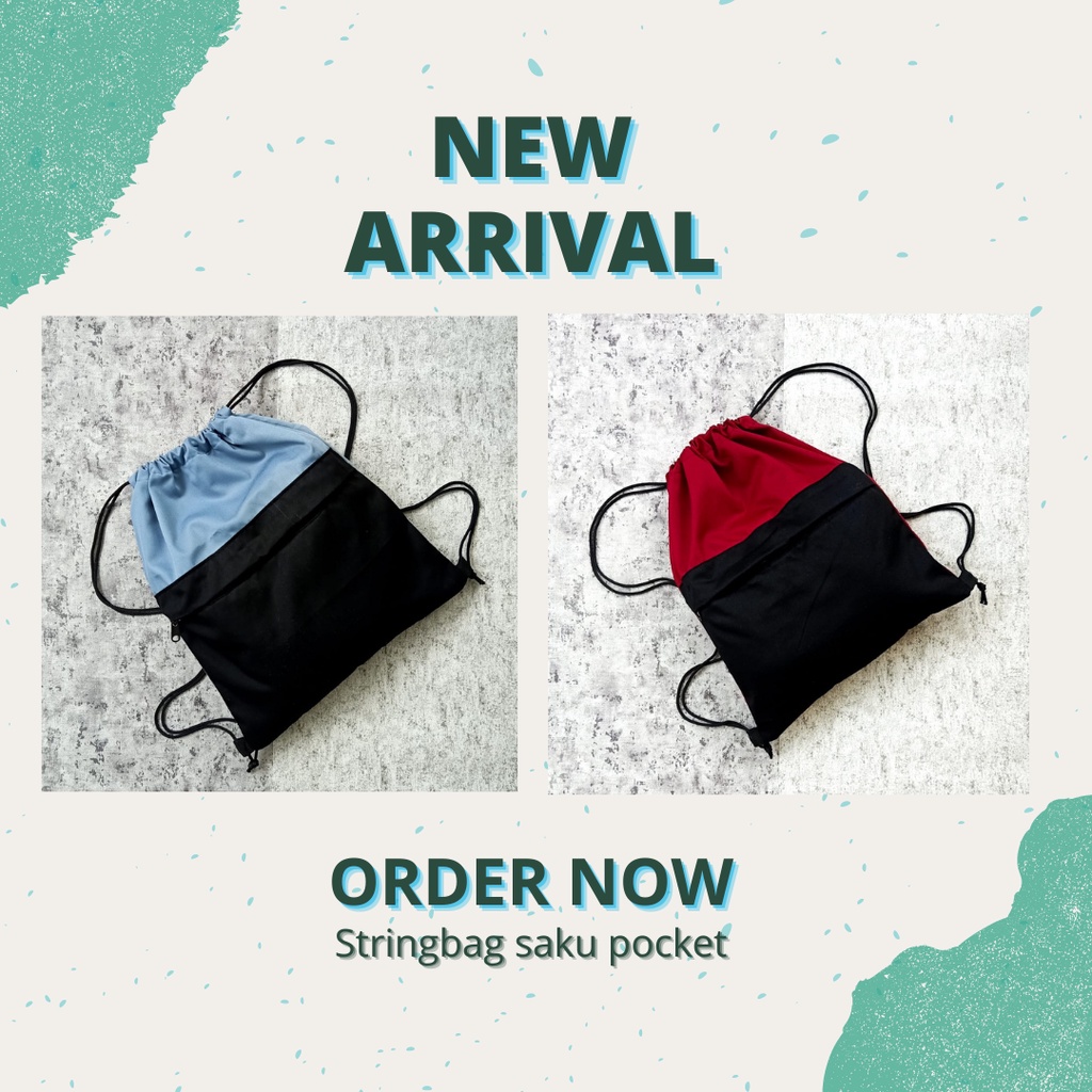 Stringbag Saku kantong depan pocket Drawstring ransel serut bahan kain drill premium || kiiyoomii || gymsack tas sekolah kuliah olahraga futsal