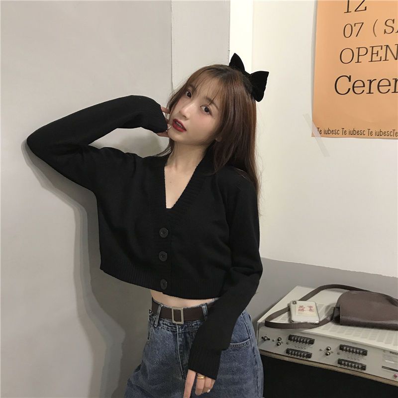 V-neck kardigan rajutan mantel pendek lengan panjang wanita 2022 musim semi dan musim gugur versi Korea baru dari atasan single-breasted pusar berpinggang tinggi