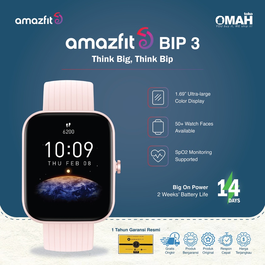 Amazfit Bip 3 Sport Smartwatch 1.69&quot; Ultra-large Color Display SpO2 50 Watchface Garansi Resmi