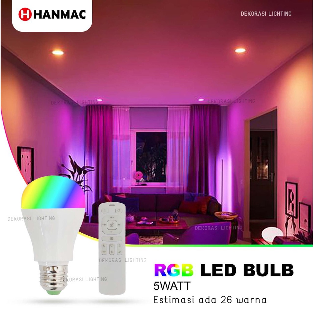 Bohlam smart led 5w RGB warna warni control remot Hanmac fiting e27  bisa dimmer dimmable