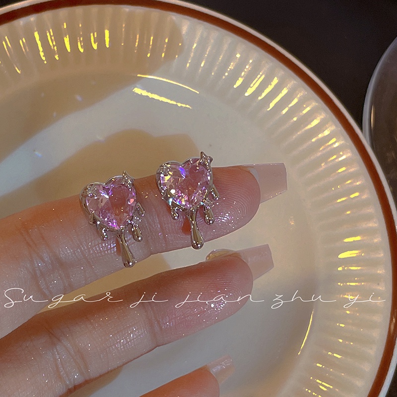 Anting Tusuk Gantung Warna Silver Hias Kuarsa Pink Untuk Wanita