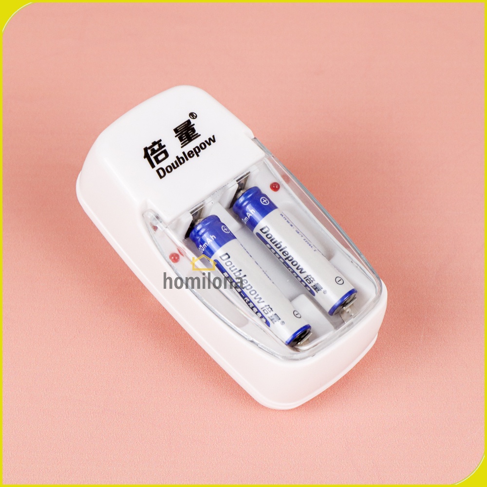 Charger Baterai 2 slot for AA/AAA with 2 PCS AAA Battery Rechargeable NiMH 900mAh DOUBLEPOW DP-B01 White