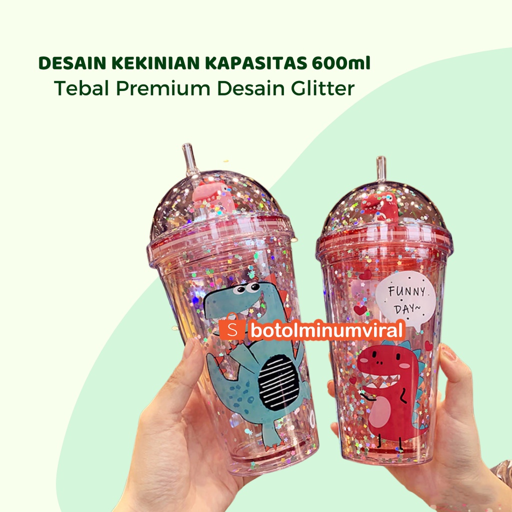 Botol Minum Glitter Tumblr Unicorn Dino Sedotan Viral Hadiah Aesthetic Premium Import
