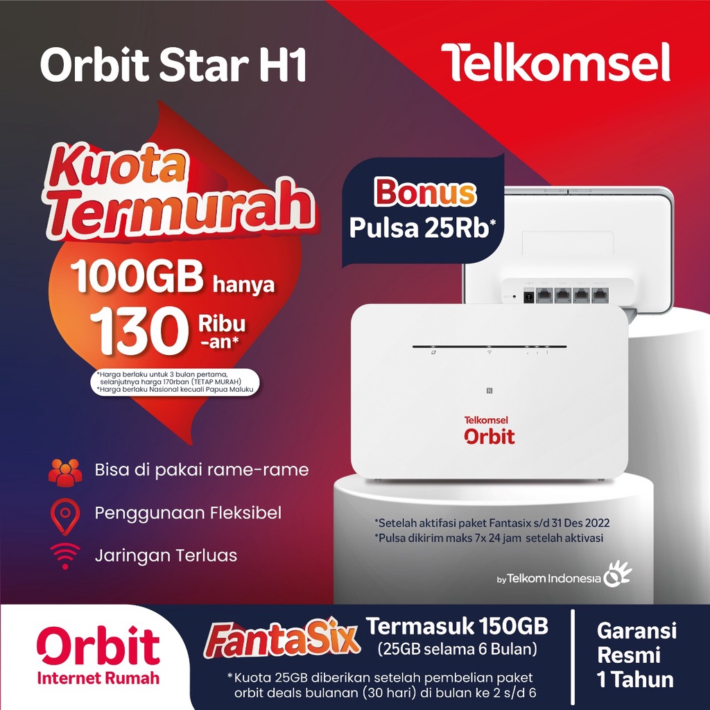 TELKOMSEL Orbit Star H1 Bonus Data Kuota 150GB B311 Modem Router Wifi Garansi Resmi
