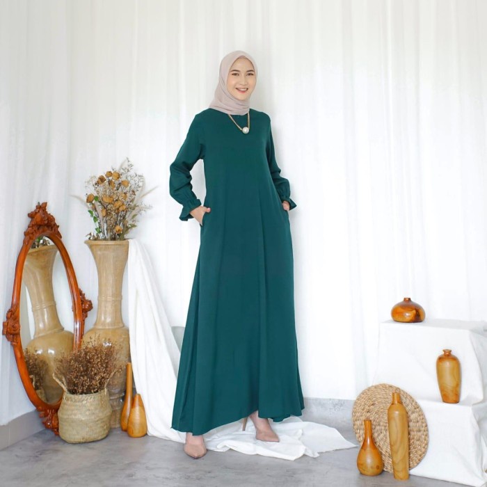 Janna Dress Gamis Basic Polos Daily Harian Syari Busui Abaya - Ijo botol, M(Q9L5) Abaya hitam Dres a