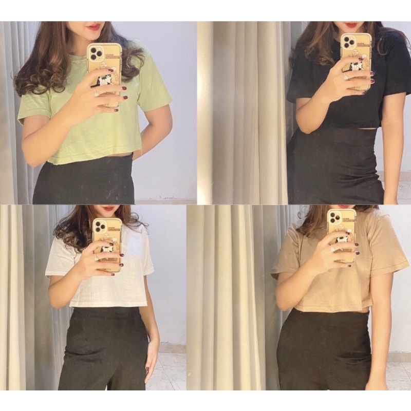 KAOS CROP TOP POLOS KOREA FASHION WANITA LENGAN PENDEK  TIDAK NERAWANG