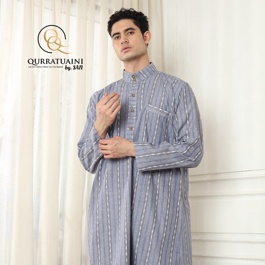 Gamis Ghazi Lengan Panjang Motif Garis Pakaian Muslim Jubah Pria