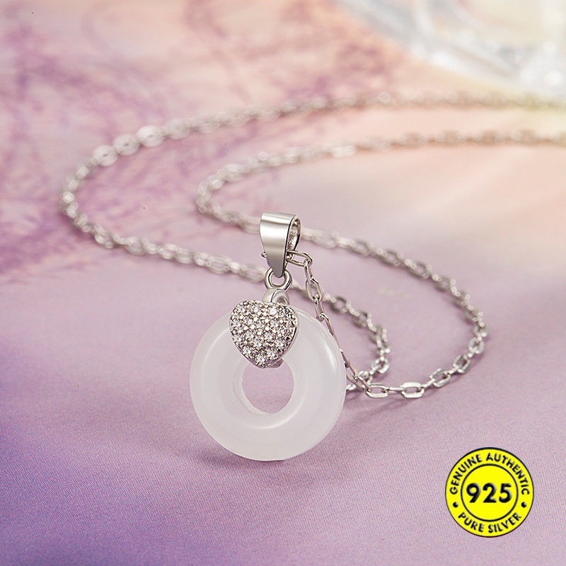 Kalung Rantai Sterling Silver 925 Dengan Liontin Batu Giok Hetian Untuk Wanita U1394