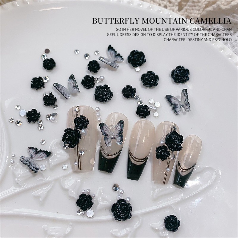 Ins Set Hiasan Bunga Camellia + Mutiara Imitasi Warna Hitam / Putih Untuk Dekorasi Nail Art DIY