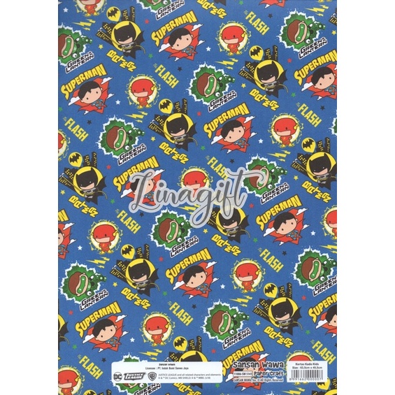 ( 5 Lembar ) HERO DC JUSTICE LEAGUE SANWA - KERTAS KADO SUPERHERO - GIFT WRAPPING PAPER SANSAN WAWA SUPERHEROES SUPERMAN BATMAN GREEN LANTERN JOKER DOFF 80 GRAM 54x65