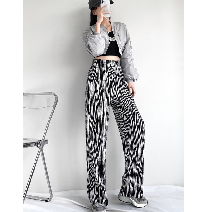 【Blossom】Fashion Striped  Printing High Waist Wide-legged Pants 2433