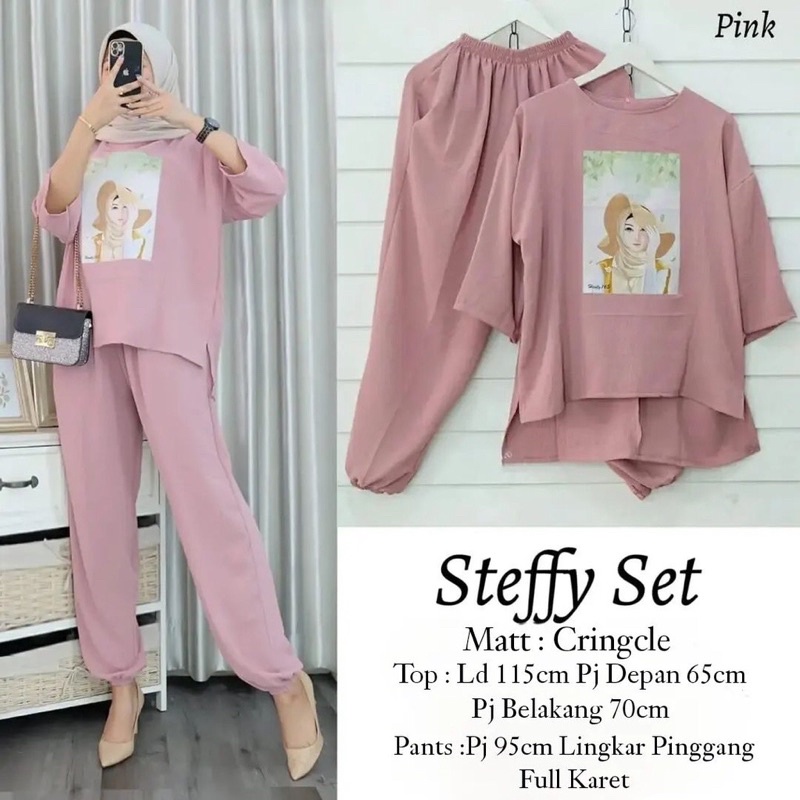 Jual Steffy Set Setelan Sablon Terbaru Bahan Crinkle Baju Dan Celana Pakaian Set Wanita