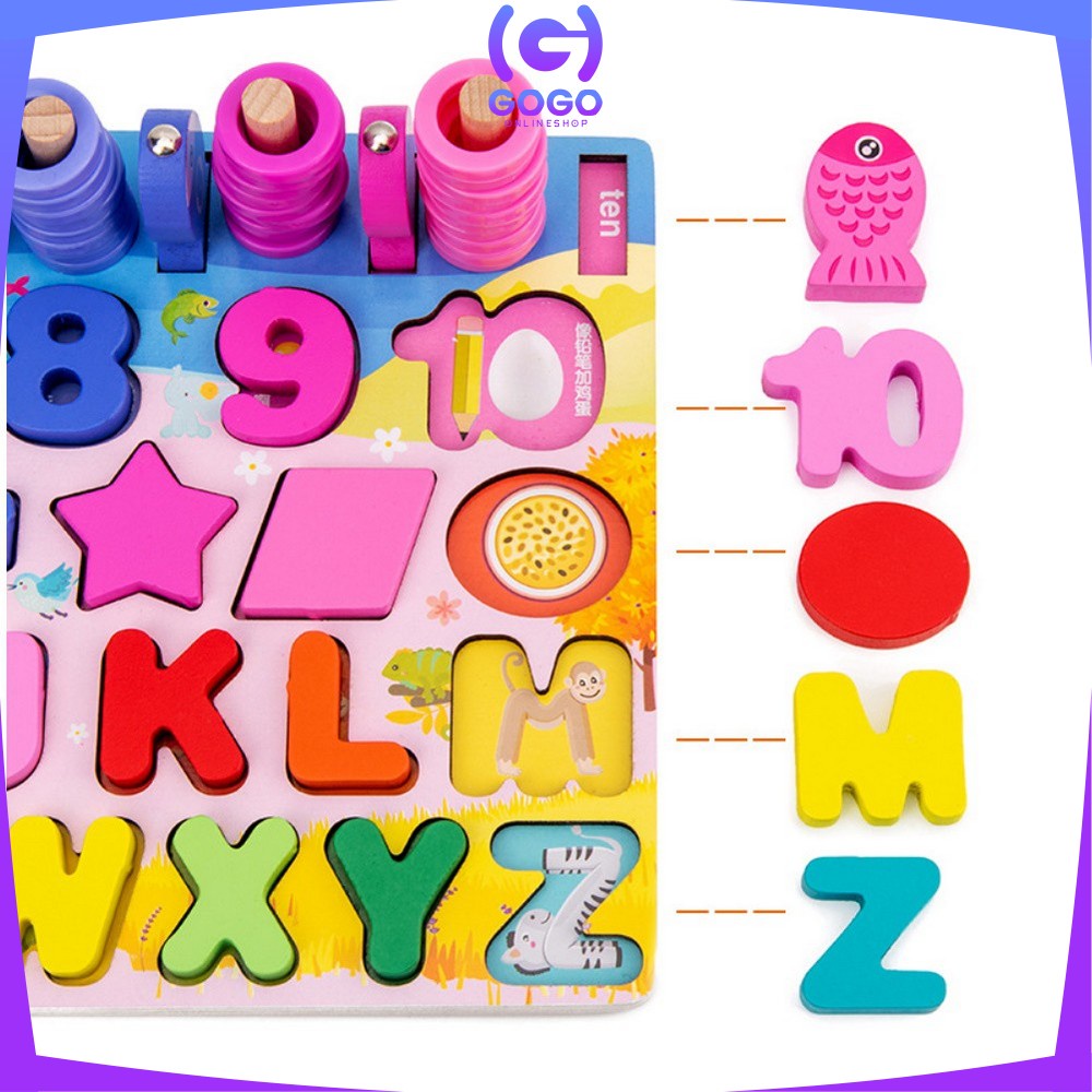 GOGO-M94 Mainan Edukasi 7in1 Puzzle Kayu Anak Huruf dan Angka Pancing Ikan Montessori Wooden Toys