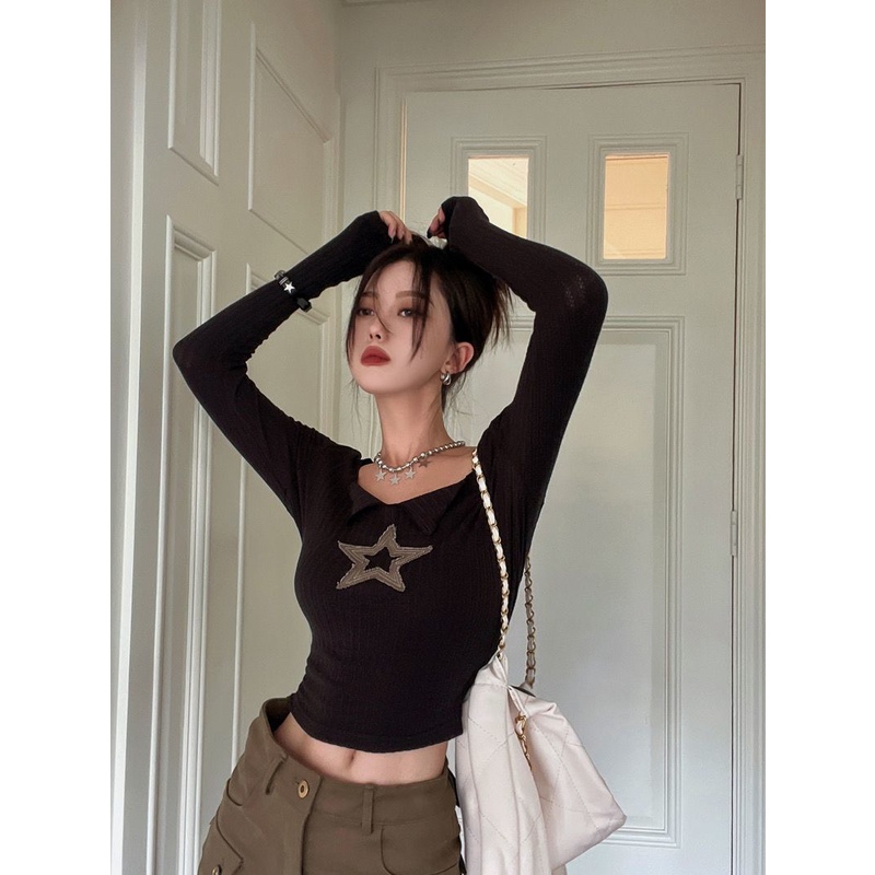 Suhao Pendek Dalam Pullover Top Gaya Korea Chic Pola Bintang Musim Gugur Slim Lengan Panjang T-shirt Bottoming Kemeja Wanita Retro