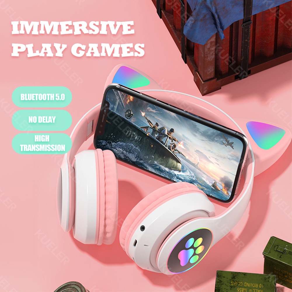 STN-28 Lipat LED Cat Ear Bluetooth Headphone dengan Mic HiFi Stereo Wireless Headphone Gaming Headset Tidak Ada Penundaan Cute Handset Bluetooth Henset Bloetooth Hedset Gaming