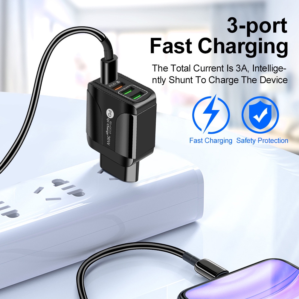 Adapter Charger Handphone Android Tipe-C QC3.0 + PD 4-port 36W 5V / 9V / 12V Untuk Travel