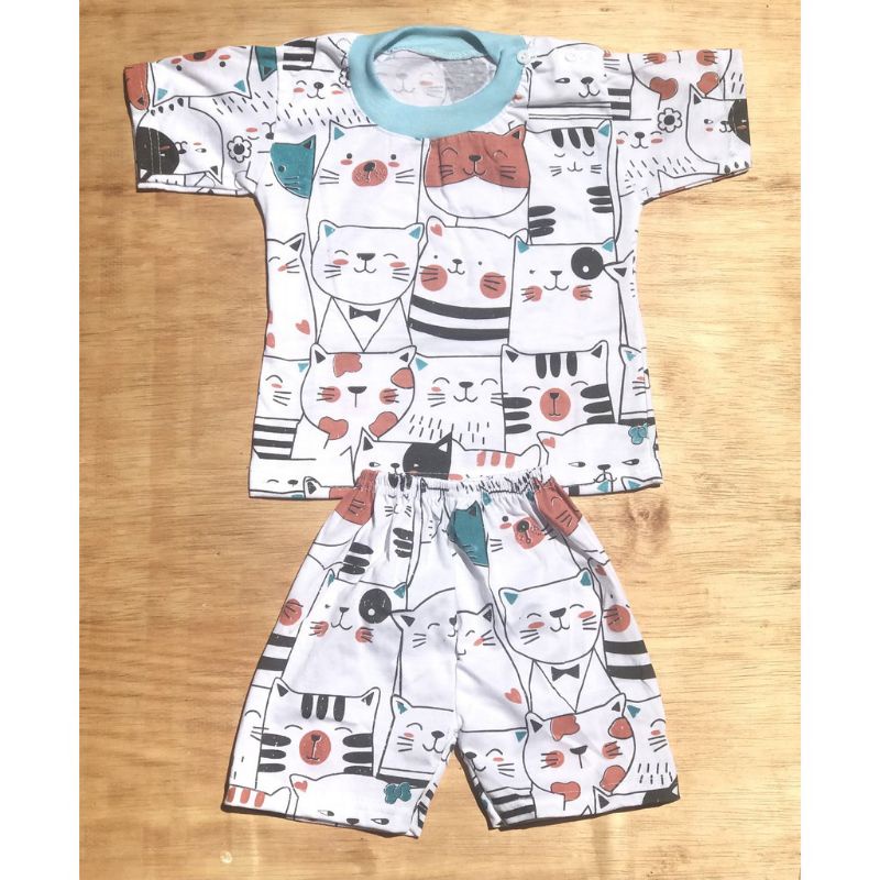 Setelan Baju Oblong Bayi Pendek Motif Kucing