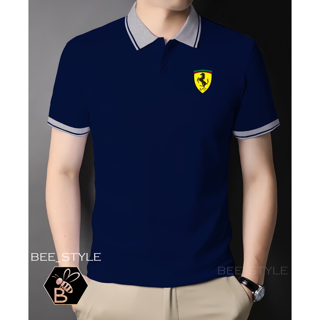 Kaos Kerah Kombi Logo Ferrari Kuning / Kaos Pria Logo Ferrari Kuning / Polo Shirt Kerah Kombi