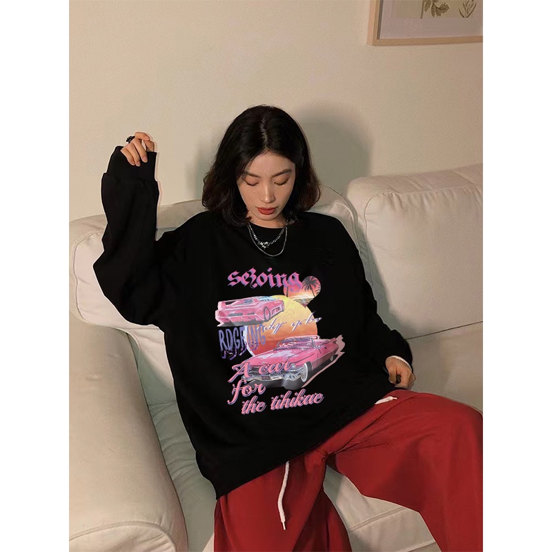 sweter wanita sweater oversize putih retro wanita korean style atasan baju wanita kekinian/American Vintage Girl Cartoon Graphic Priting