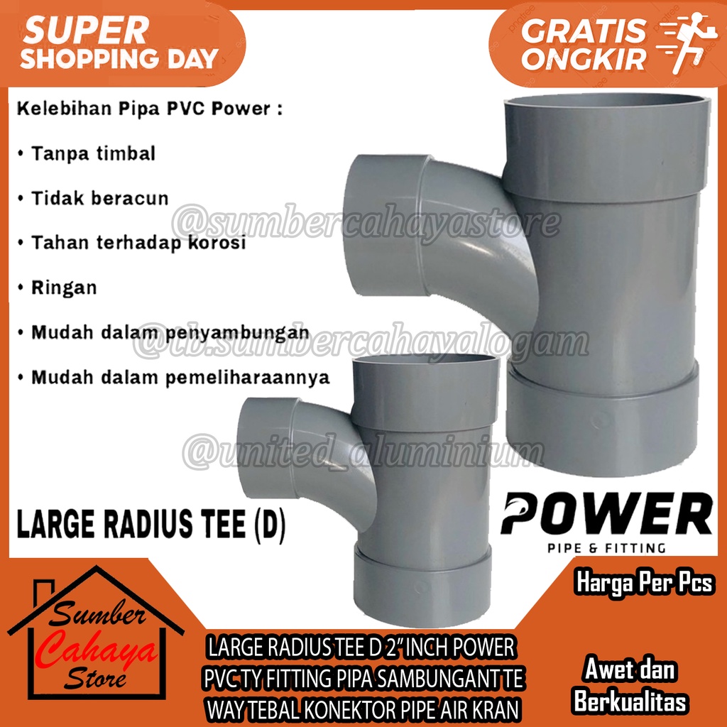 TE Y LARGE RADIUS TEE Y D 2"INCH POWER PVC FITTING PIPA SAMBUNGAN T TY WAY TEBAL PRALON PERALON PARA