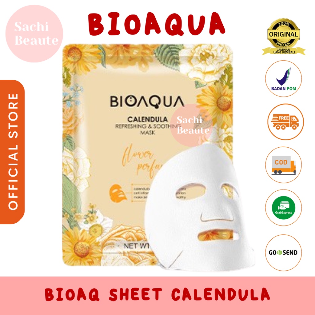 BIOAQUA Bio Aqua Sheet Mask Masker Wajah Flowers Series 28g Hydrating Essence Face Mask Brightening dan Anti Acne - Calendula