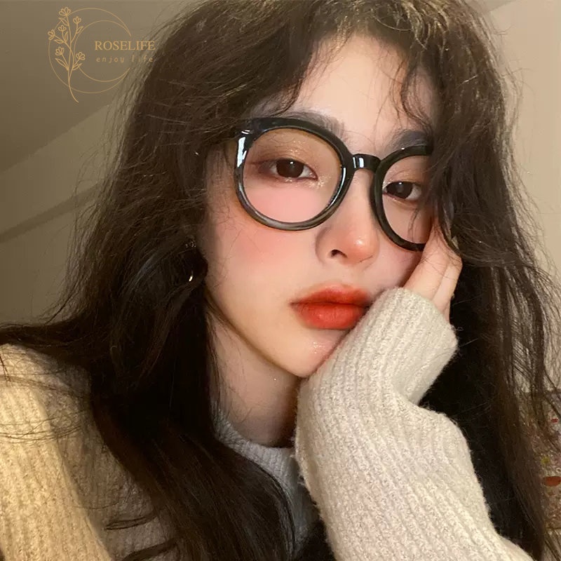 Roselife Kacamata Hitam Frame Bulat Oversized Gaya Retro Korea Untuk Wanita