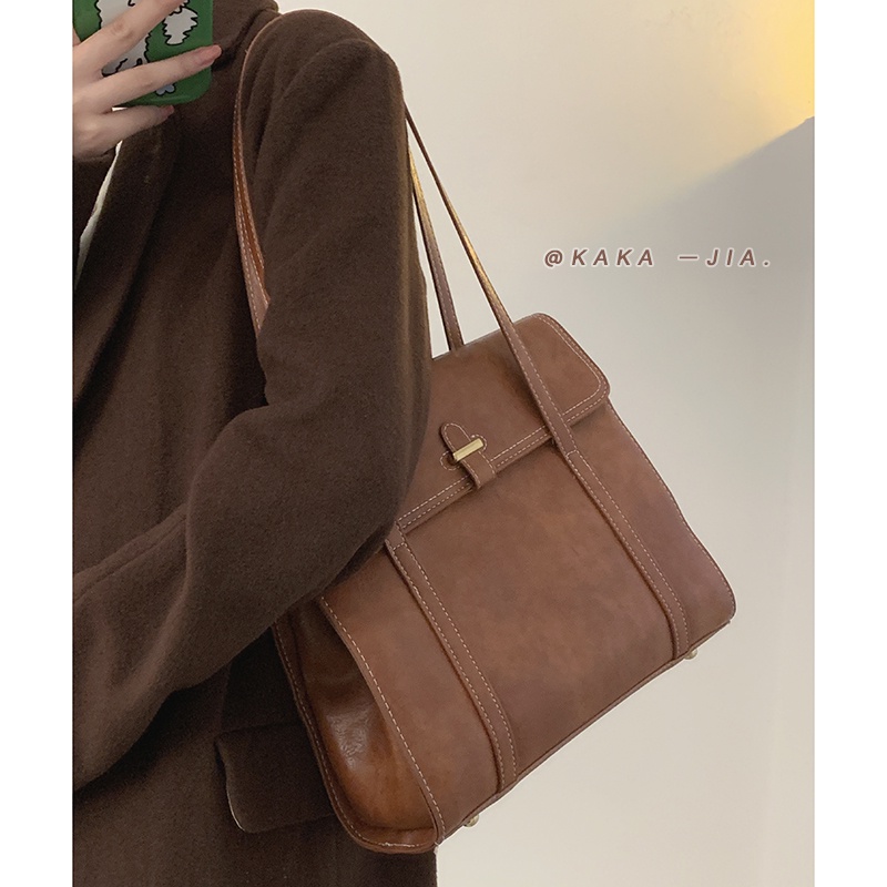 Suhao retro tas berkapasitas besar wanita 2022 baru trendi fashion tote bag tekstur ceruk tas bahu tas komuter