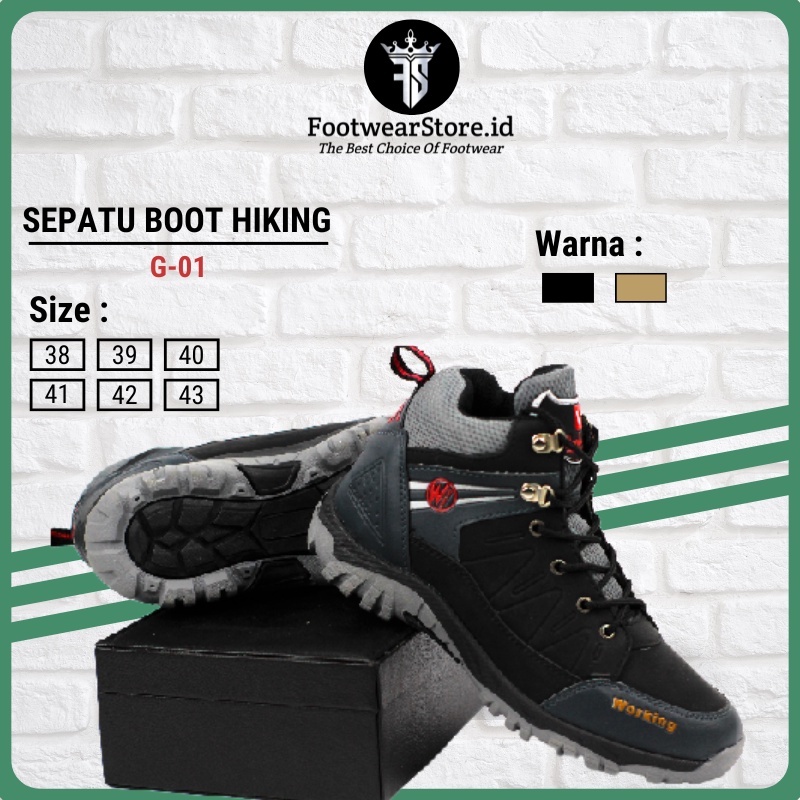 Sepatu Boots Boot Hiking Pria Spatu Gunung Outdoor Original Import Kulit Asli Warna Hitam Army FSG01