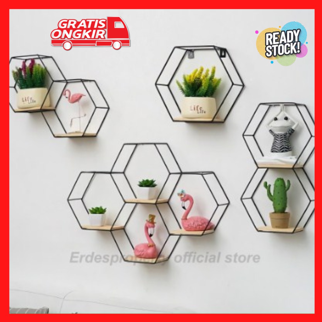 [COD] 1 SET ISI 3pcs Rak Dinding Besi Hexagon Hiasan Dinding Kamar Tidur Ruang Tamu Aesthetic-Rak Di