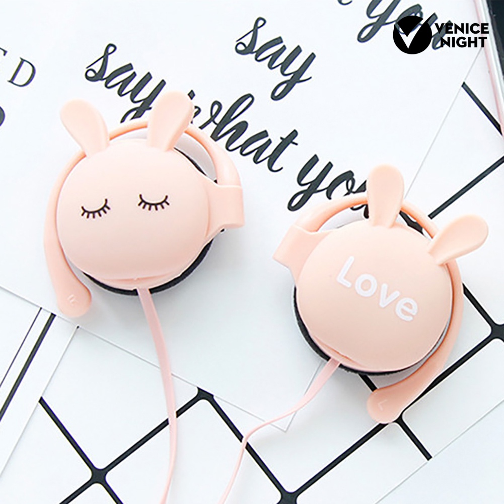 (VNEP) (Berkabel) Lucu Kelinci Stereo Earphone Headphone dengan Mic 3.5mm Ear-hook Sport Headset Hadiah