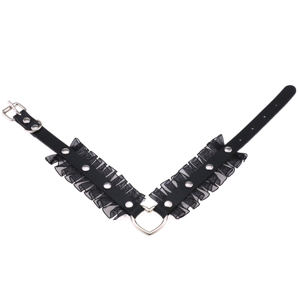 Kalung Choker Rantai Klavikula Bahan Kulit PU Aksen Renda Liontin Hati Gaya Harajuku Punk Goth Untuk Wanita