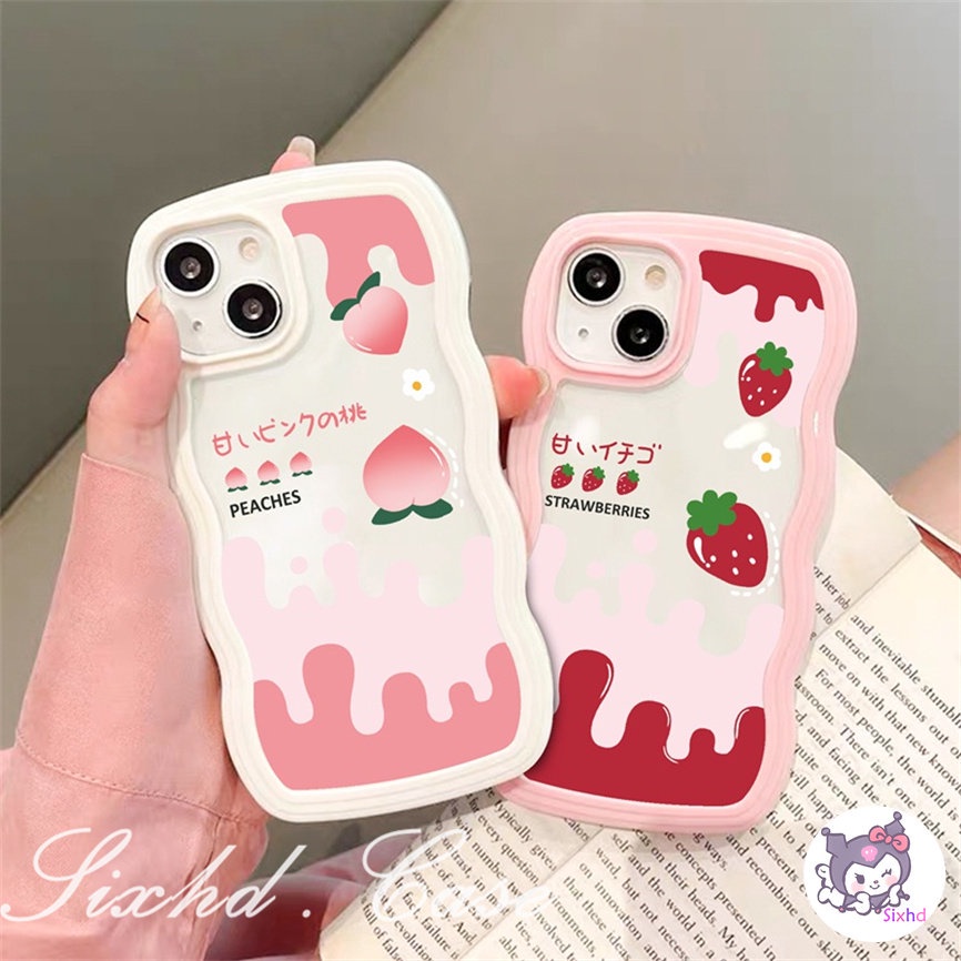 OPPO A57 A77s A76 A96 A55 A16K A15 A16 A74 A54 A53 A33 A32 A31 A9 A5 A5s Reno 8T 8Z 7Z 6Z 5Z 5 A95 A94 A93 A92 A77 A52 F9 Cute Fruit Strawberry Peach Cartoon  Wave Frame Phone Case Soft Silicon Anti falling Dust-proof Cover