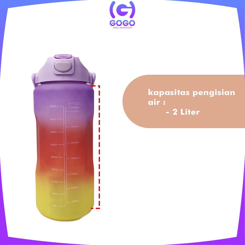 GOGO-C581 Botol Minum Tumbler 2Liter Gradasi Viral / Botol Air Motivasi Thumbler Pelangi Botol Penanda Waktu BPA Free