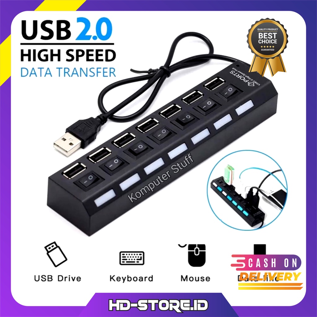 USB HUB 2.0 Superspeed 7 in 1 With On Off Swith LED Light and OTG Smrtphone Untuk Komputer PC Deskto